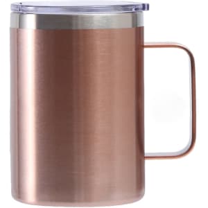 A stainless steel cup in a rose gold colour with a handle and a clear lid. It includes a logo.