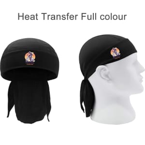 A black cycling bandana hat with a mesh design and a logo displayed on the front.