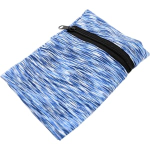 A blue patterned mini wearable wallet with a zip closure. It has a small, compact design.