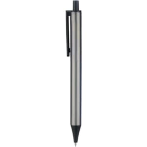 A plastic click pen in silver colour with a black tip and clip, featuring a logo.