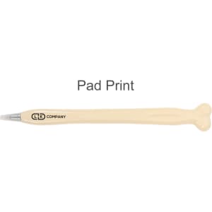 A bone-shaped pen in cream colour with a logo on the side.