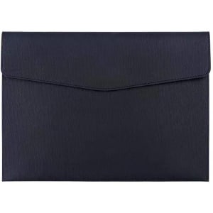 A sleek black PU leather A4 file bag with a flap closure and minimalistic design, featuring a logo.