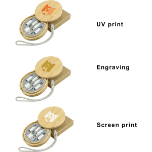A bamboo cable kit featuring a circular case, containing multiple cables with different personalised designs.