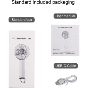 A transparent handheld fan in a standard box, alongside a user manual and a USB-C cable.