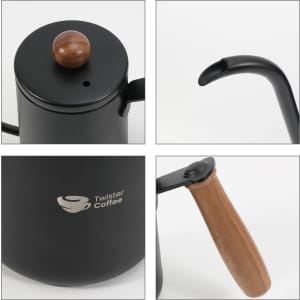 A stainless steel pour over kettle with a black finish, wooden handle, and a logo on the side.