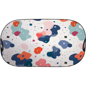 A light-blocking car sun shade featuring a multicoloured abstract pattern with blue, pink, and orange shapes.