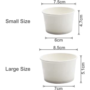Two white gelato cups in small and large sizes, with measurements displayed for each.