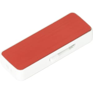 A sliding flash drive in red and white, featuring a sleek design and a logo.