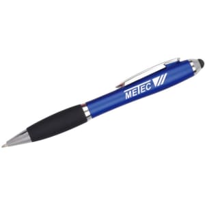 A blue stylus pen with a black grip and a silver clip, featuring a logo on its side.