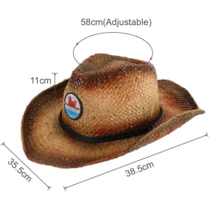 A straw cowboy hat in shades of brown, featuring an adjustable band and a logo on the front. Dimensions provided.