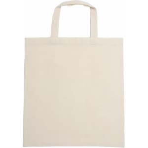A beige calico bag with short handles and a simple design. Features a logo on one side.