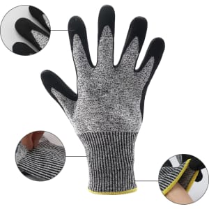 Cut resistant nitrile gloves with a grey and black design, featuring a textured grip and a ribbed cuff.