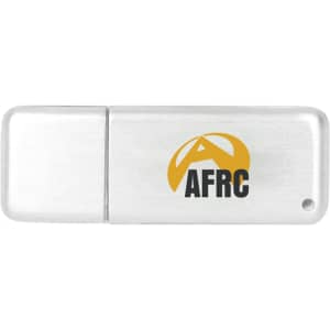 A silver flash drive with a removable cap and a logo on the surface.
