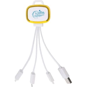 A LED charging cable with multiple connectors, featuring a yellow casing and a white cord with three connection ends.