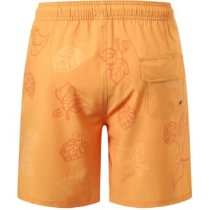 Men's orange polyester spandex sublimated swim shorts with a floral pattern and a back pocket. Features a logo.