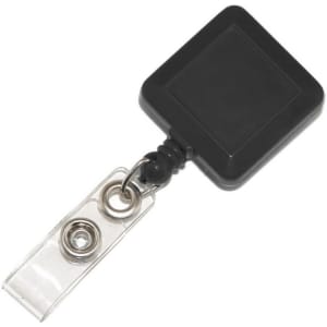A square black retractable card holder with a clear attachment for securing a card or badge.