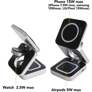 A foldable wireless charger stand in silver and black for phones, smartwatches, and AirPods, featuring a brand logo.