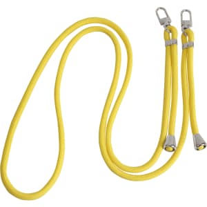 A yellow adjustable phone lanyard with two clips at the ends. It features a sleek design and shiny metal accents.