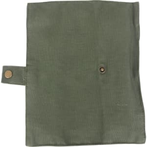 A green fabric pouch with a snap button closure, featuring a textured surface and a simple design.