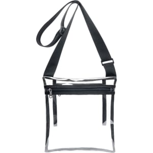 A clear PVC crossbody bag with a black strap and an inner pouch, featuring a zippered compartment.