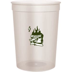A translucent plastic stadium cup in clear, featuring a graphic design and a logo.