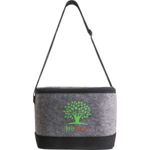 A grey felt cooler bag with a black base and a shoulder strap, featuring a logo.