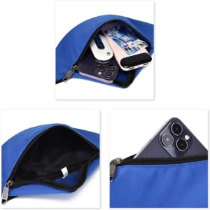 A blue bum bag with a zippered pocket containing a phone and a drink bottle. The interior is black.