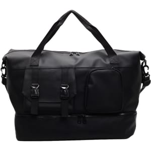 A black travel weekender bag with multiple straps and pockets, featuring a logo.