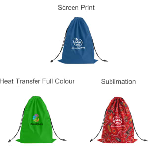 Three drawstring laundry bags in blue, green, and red designs, each featuring a logo.