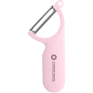 A pink peeler with a stainless steel blade and a handle featuring a logo.
