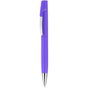 A purple pen with a silver clip and a sleek design, featuring a logo.