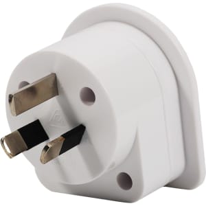 A white travel adapter with three prongs, featuring a round shape and a small branding logo.