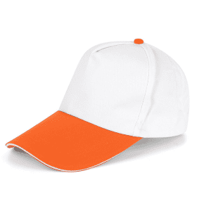 A white cap with an orange bill and accent, featuring a logo on the side.