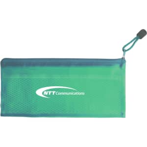 A teal zippered pouch with a mesh section and a logo, ideal for storing toiletries and accessories.