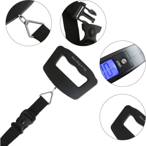 A black luggage scale features a digital display and sturdy strap attachments. The design includes a logo.
