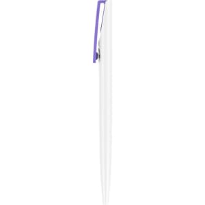 A plastic pen with a creamy white barrel and a purple clip, featuring a logo.