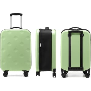 A collapsible suitcase in mint green with a textured surface, featuring wheels and a retractable handle.