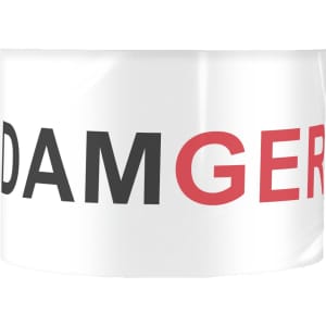 A roll of PE barrier tape featuring full colour print in red and black text on a white background.
