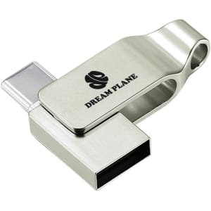 A silver Pivot Duo Type-C flash drive with a sleek design and a branding logo on it.