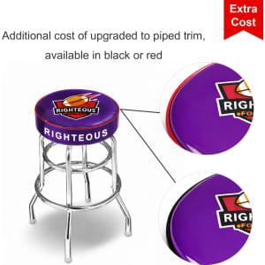 A barstool with a round purple seat featuring a logo, available in black and red with piping trim options.