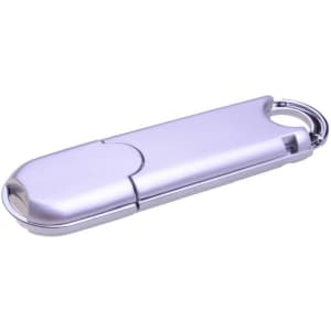 A silver O-ring flash drive with a sleek design and a circular attachment loop. It features a logo on the surface.