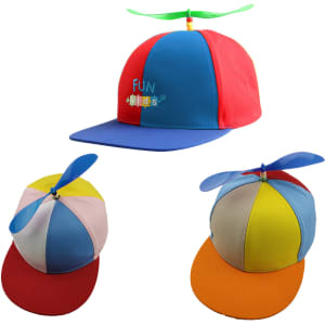 A multicoloured cap featuring a propeller on top. The colours include red, blue, yellow, and orange. It has a logo.