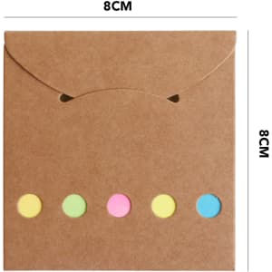 A brown envelope with five coloured round sticky notes attached at the front, measuring 8cm by 8cm.