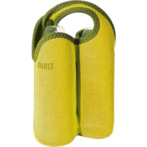 A drink bottle cooler in vibrant yellow and green, featuring a snap handle and capacity for two bottles.