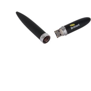 A sleek black flash drive pen with a silver end, featuring a logo. The pen cap is removed, revealing the USB connector.