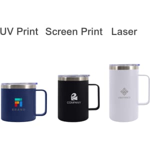 A stainless steel cup with a handle available in navy, black, and white, featuring a logo on each model.