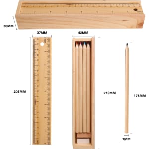 A wooden pencil set with 12 coloured pencils and a ruler, all contained in a wooden box.