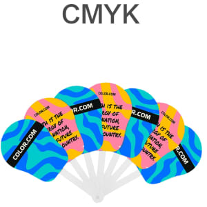 A seven-piece plastic hand fan featuring blue, pink, and yellow wavy designs with a logo.