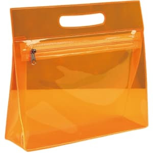 An orange transparent cosmetic pouch with a top handle and a zippered compartment. Features a minimalist design.