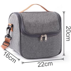A grey customizable lunch bag with a zip closure and adjustable strap, featuring measurement dimensions.